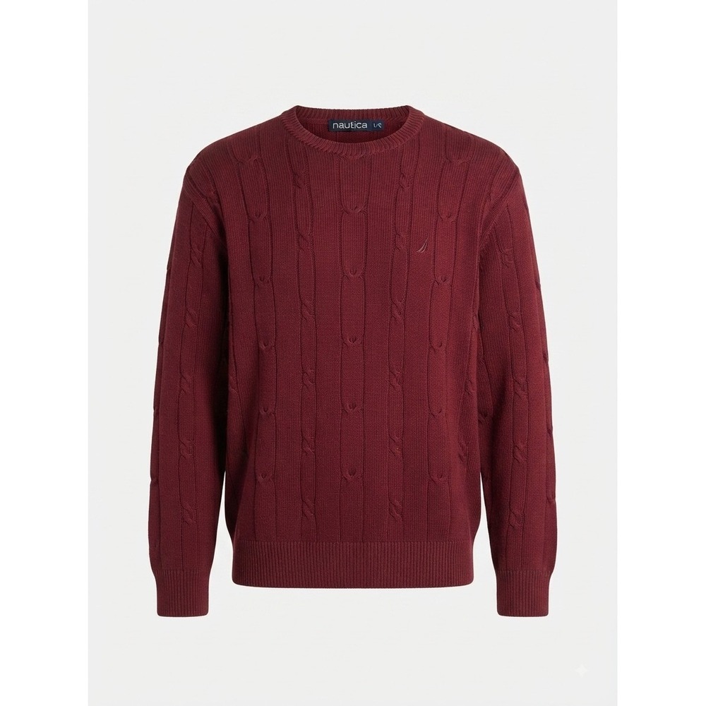 Nautica Mens Large Burgundy Fisherman Knit 100% Cotton Crewneck Preppy Sweater L